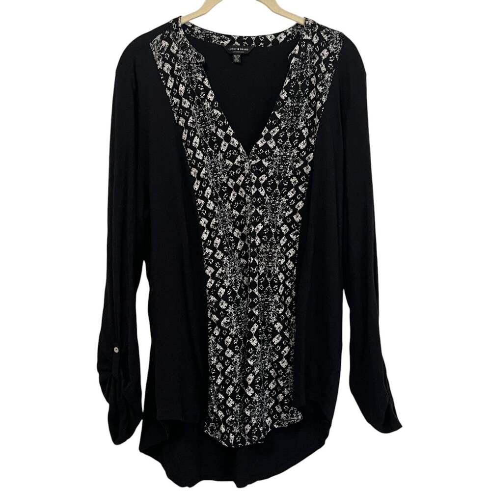 Lucky Brand Womens Tunic Top XL Black White Print Button Tab Sleeves